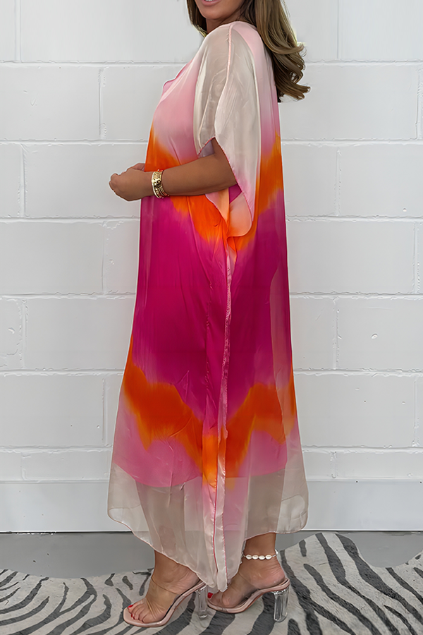 Lang silke chiffon maksikjole med dip-dye