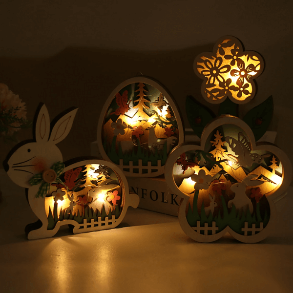 LumiHare dekorative påskefigurer – lagdelt utskjæring med myk belysning