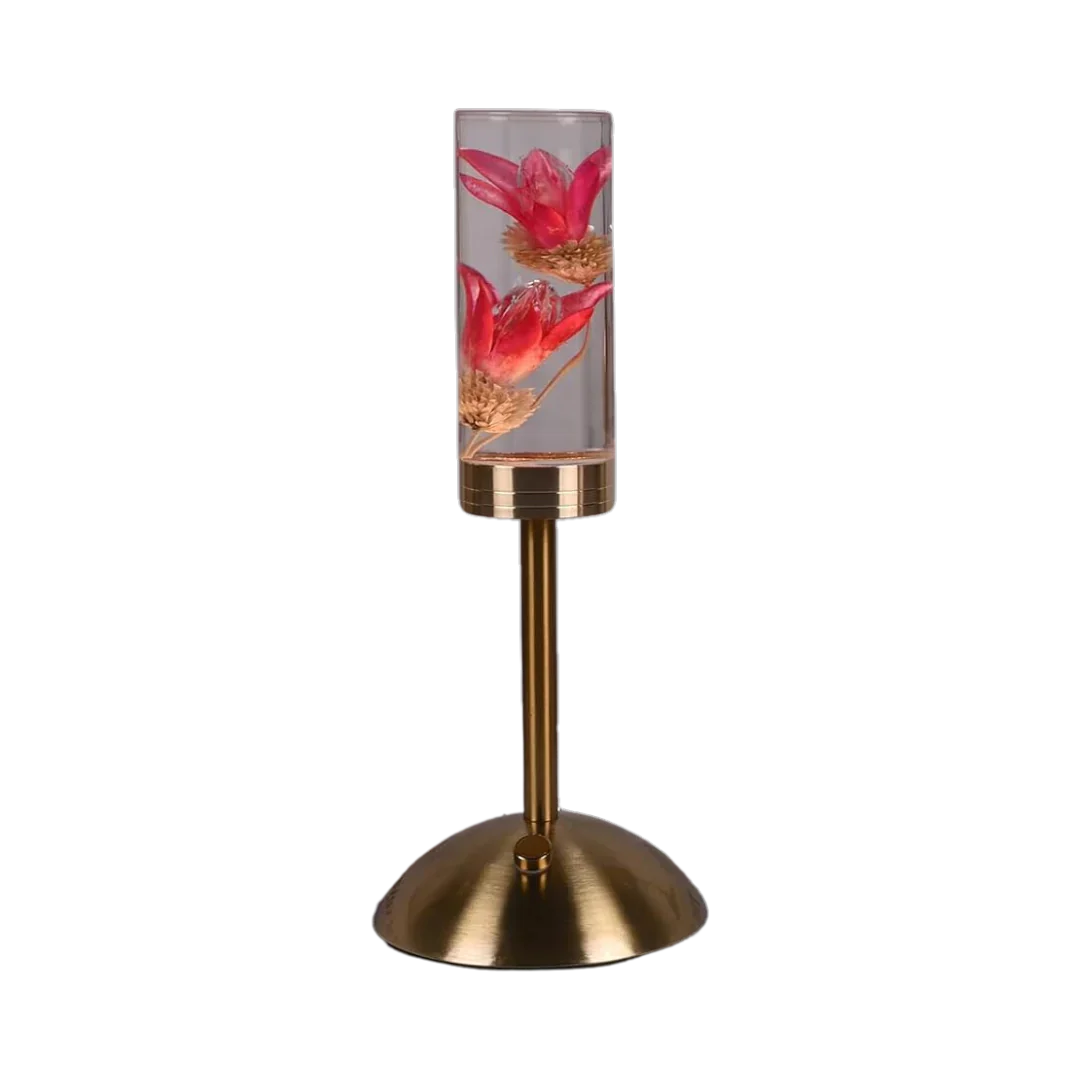 FloraGlow - LED skrivebordslampe med gjennomsiktig sylindrisk sokkel fylt med blomster