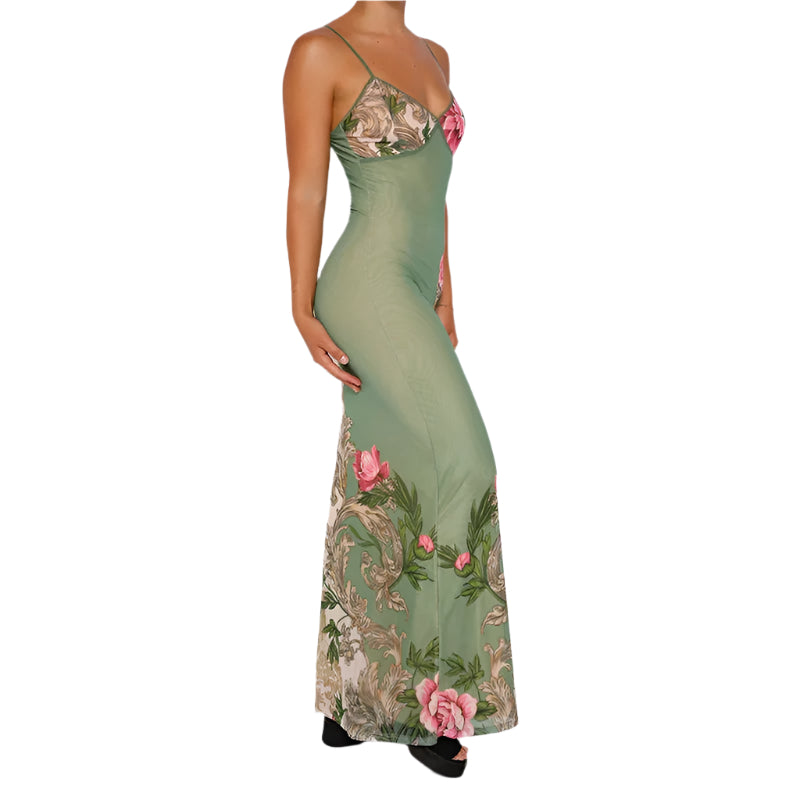 Nessa - Elegant blomsterkjole med spaghettistropper