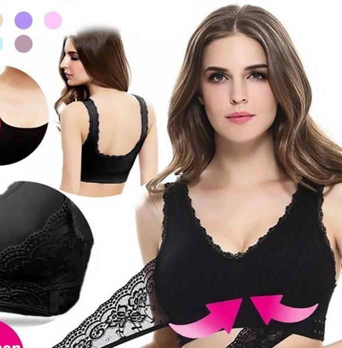 Jenna trådløs front-BH med korsstropper og blonder