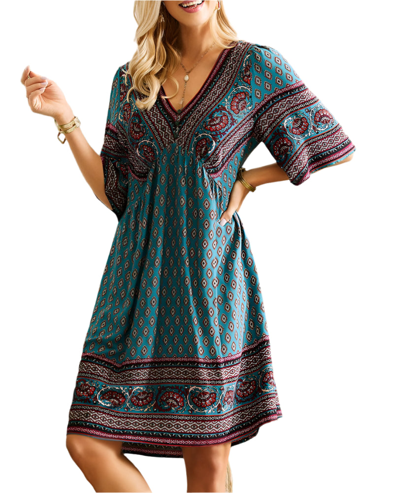 Nancie - Boho chic kjole med V-hals og trykk