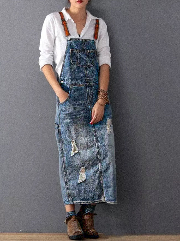 Sofia Denim | Overall-kjole med slids i ryggen og slidt denim-look