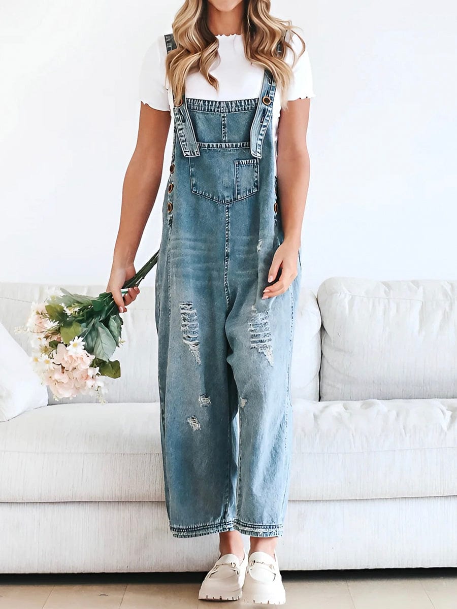 Olivia ermeløs, løs jumpsuit i denim