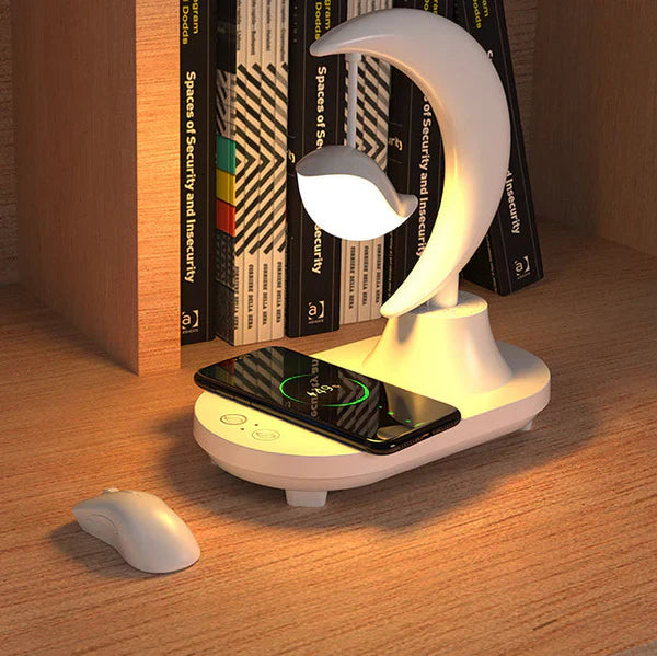 LunaTune - trådløs bordlampe med måneskinn, Bluetooth-høyttaler og ladefunksjon