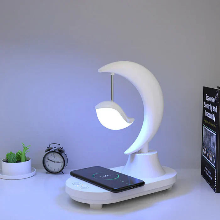 LunaTune - trådløs bordlampe med måneskinn, Bluetooth-høyttaler og ladefunksjon