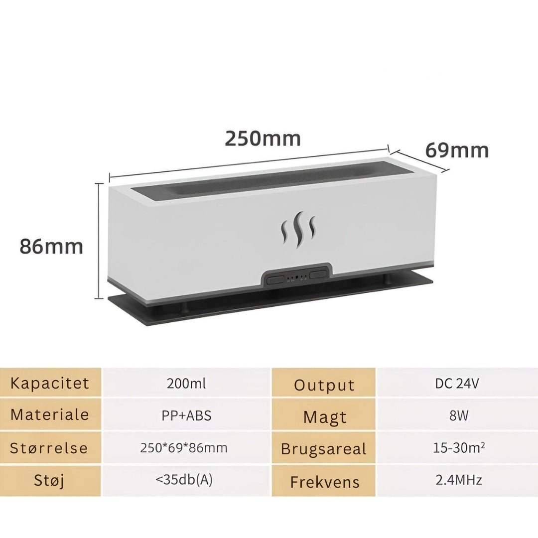 Bærbar luftfukter med flammelys og duft