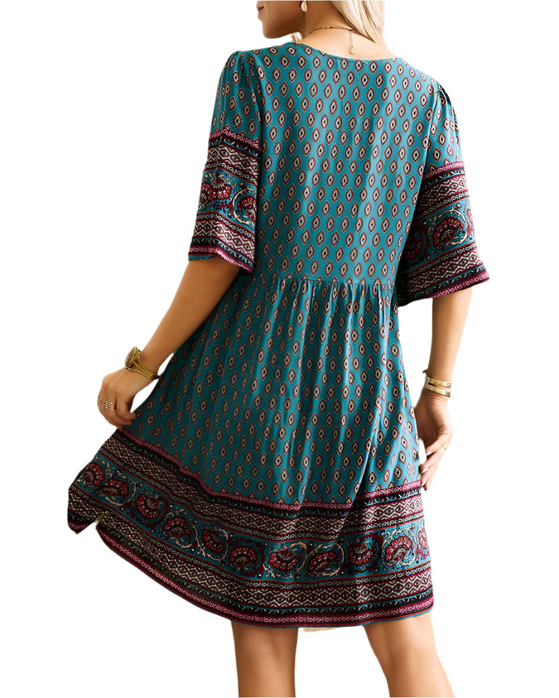Nancie - Boho chic kjole med V-hals og trykk
