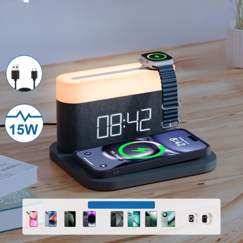 LumiCharge 15 W trådløs lader - med nattlys og alarmfunksjon