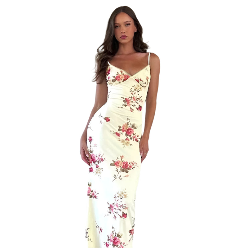 Nessa - Elegant blomsterkjole med spaghettistropper