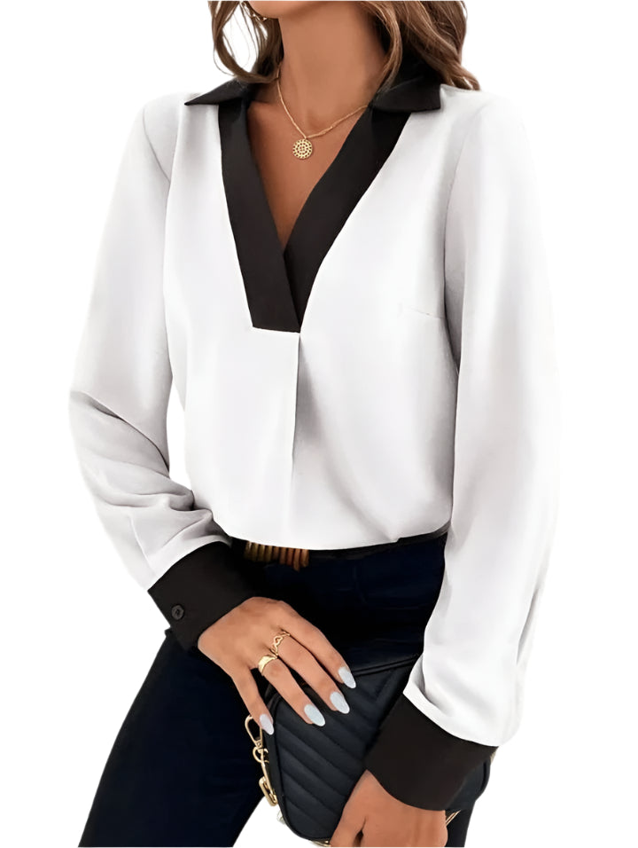 Alexandra - Sofistikert bluse med V-hals og elegant kontrast