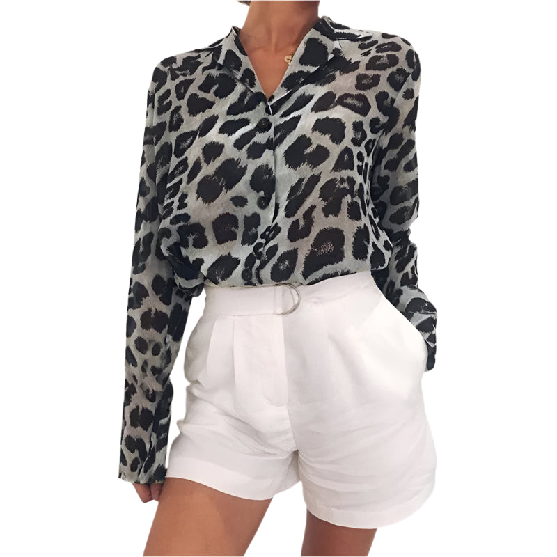 Hanna - Leopardprint bluse med lange ermer og skjortekrage