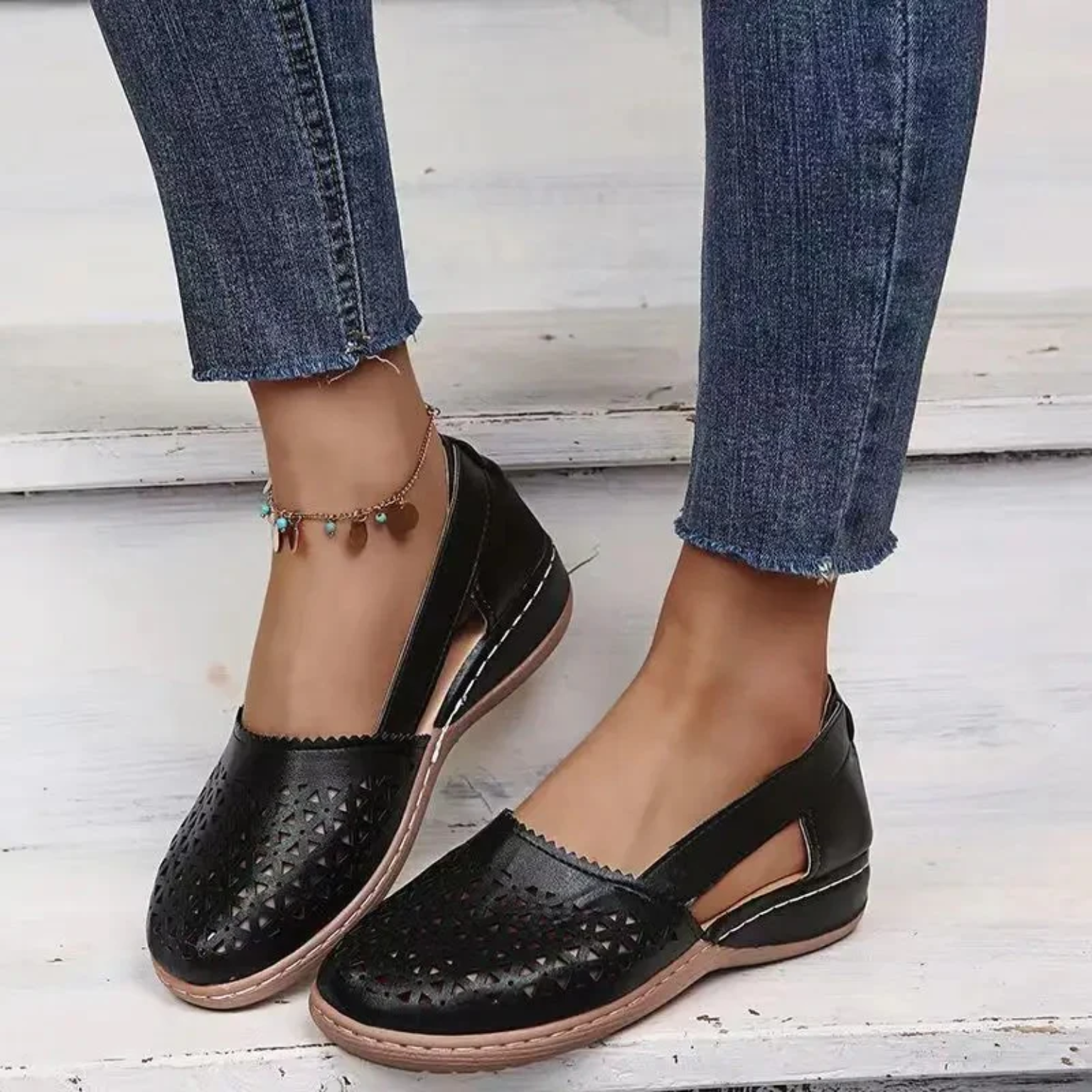 Solenn - Uanstrengt perforert kile Espadrille flate sko