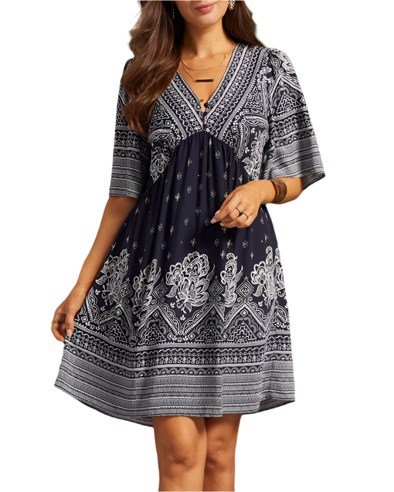 Nancie - Boho chic kjole med V-hals og trykk