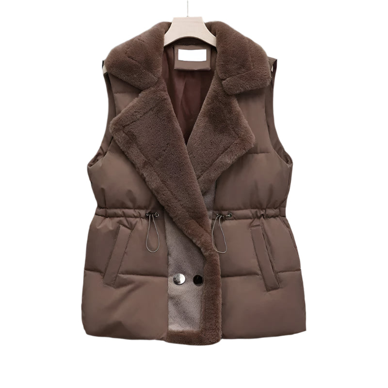 Stephanie - Luksuriøs vattert vest med krage i fuskepels