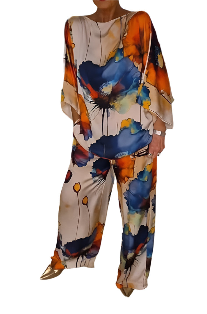 Geldy - Kraftig blomstret topp med oversized og bukser med vide ben