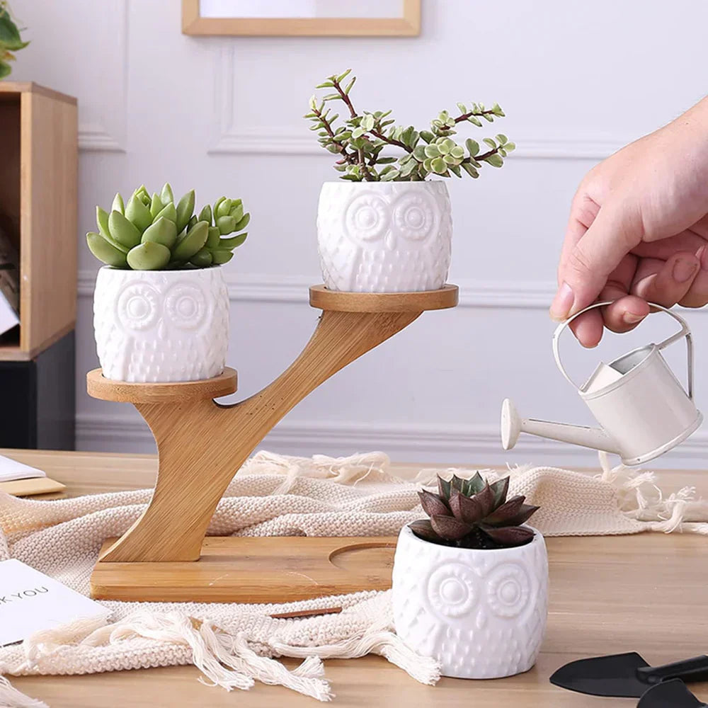 UgleTrio planteholder i tre med dekorative uglepotter til innendørs bruk