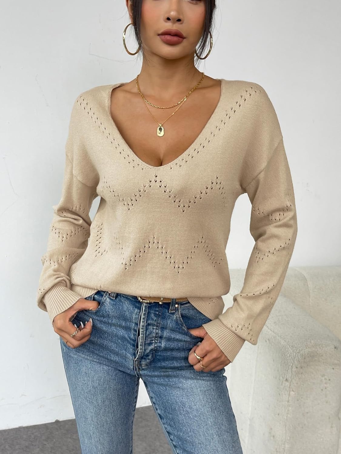 Emma off shoulder heklet genser