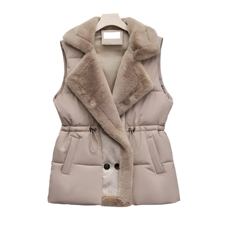 Stephanie - Luksuriøs vattert vest med krage i fuskepels