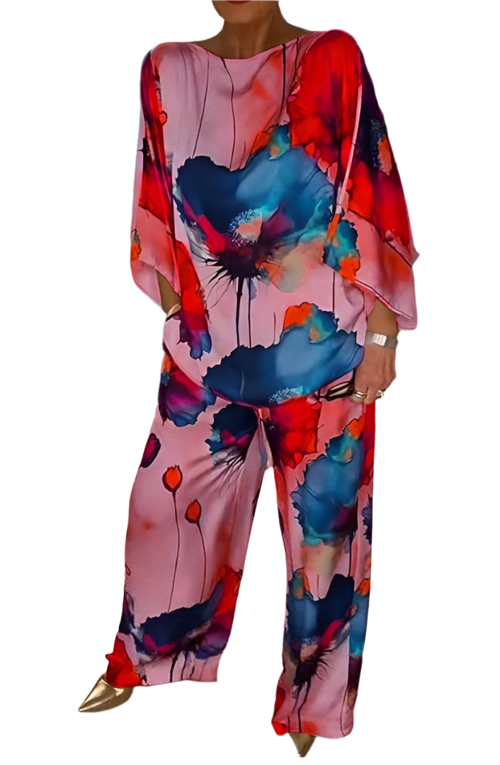 Geldy - Kraftig blomstret topp med oversized og bukser med vide ben
