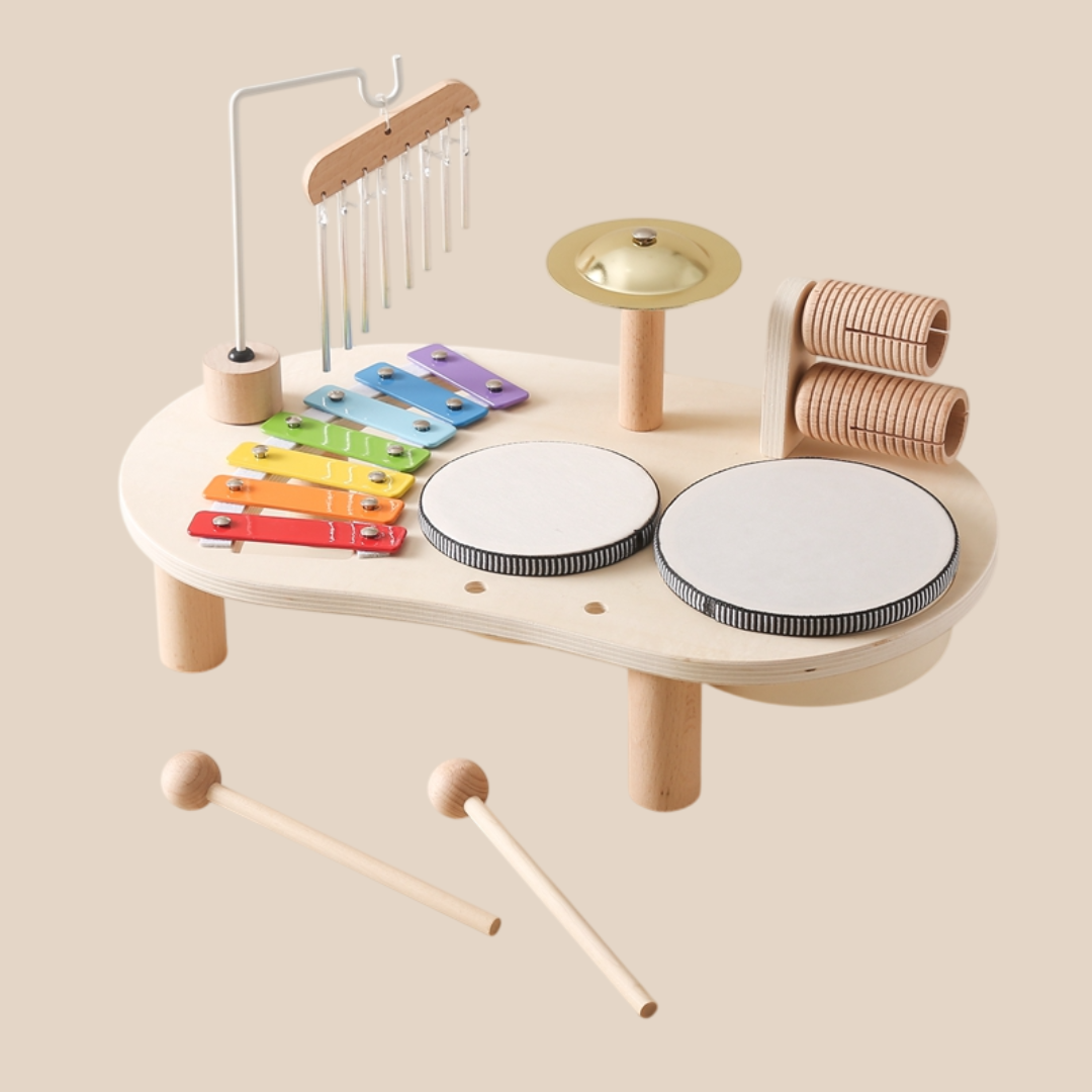 MelodyPlay Notenbord i Tre – Alt-i-ett Pedagogisk Instrument for Småbarn, Med Trommer, Xylofon og Cymbaler