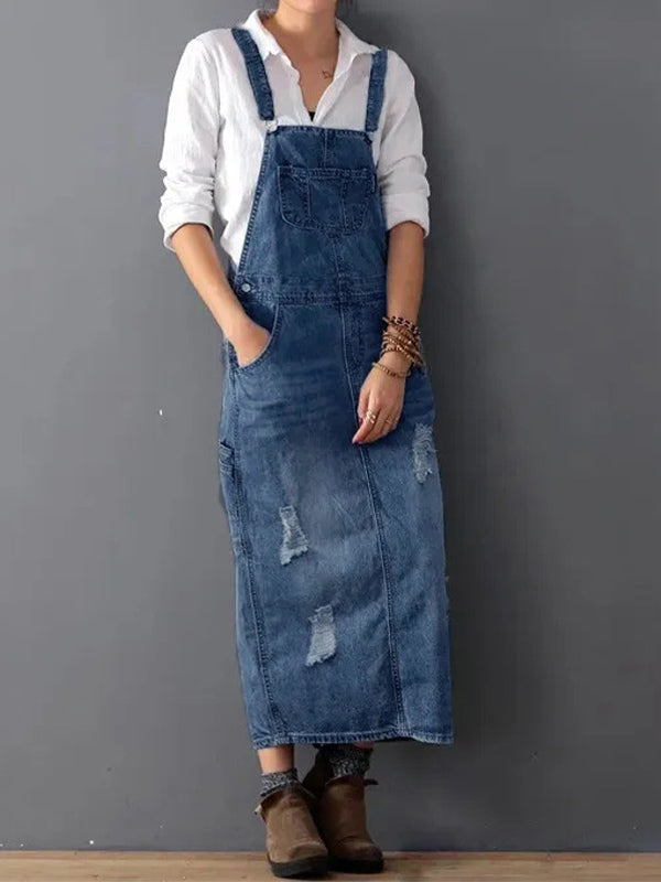 Sofia Denim | Overall-kjole med slids i ryggen og slidt denim-look