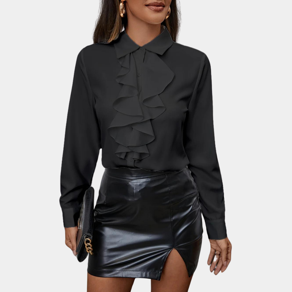 Clara – Elegant bluse med rysjer, knappelukking og lange ermer