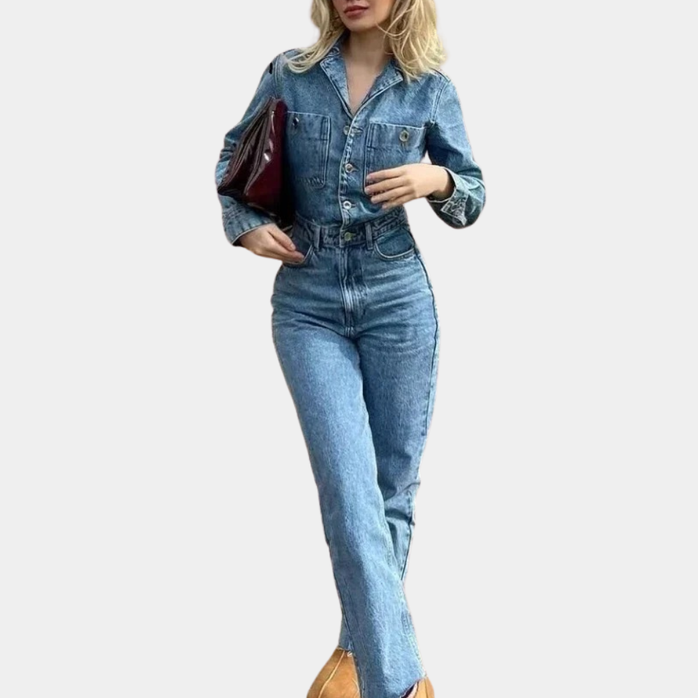 Jasmin - Jumpsuit i denim med lange ermer og rette ben