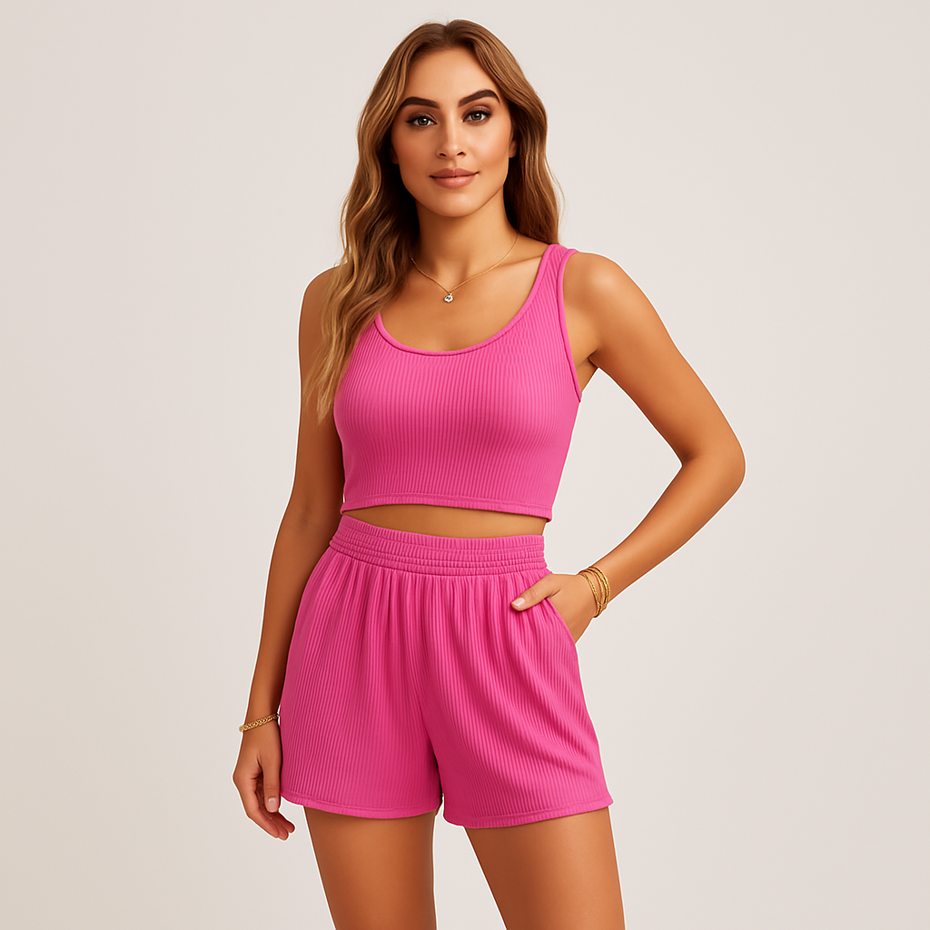Sett med ribbet camisole og shorts for kvinner – uformelt todelt loungeantrekk