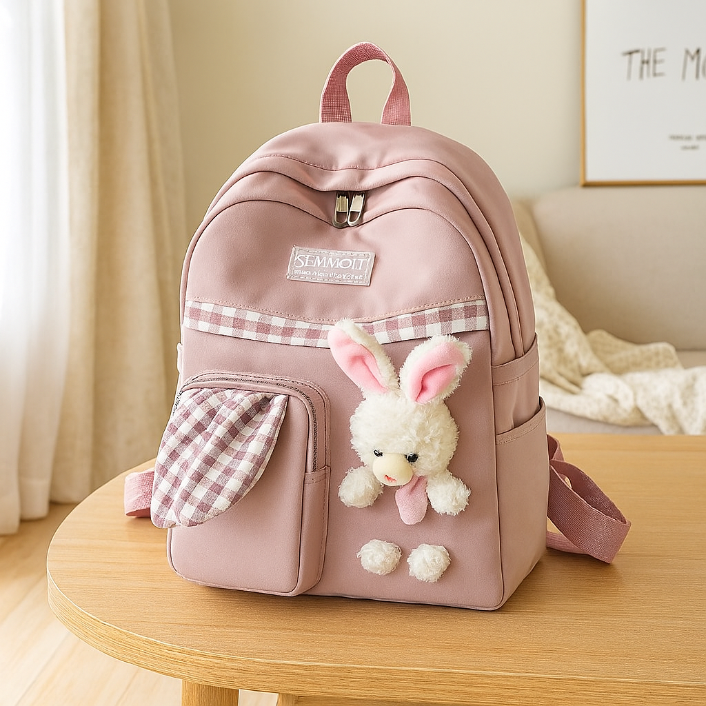 Søt tegneserie-mini-ryggsekk for jenter – sammenleggbar lett reiseveske med rosa kanin- og blå panda-design