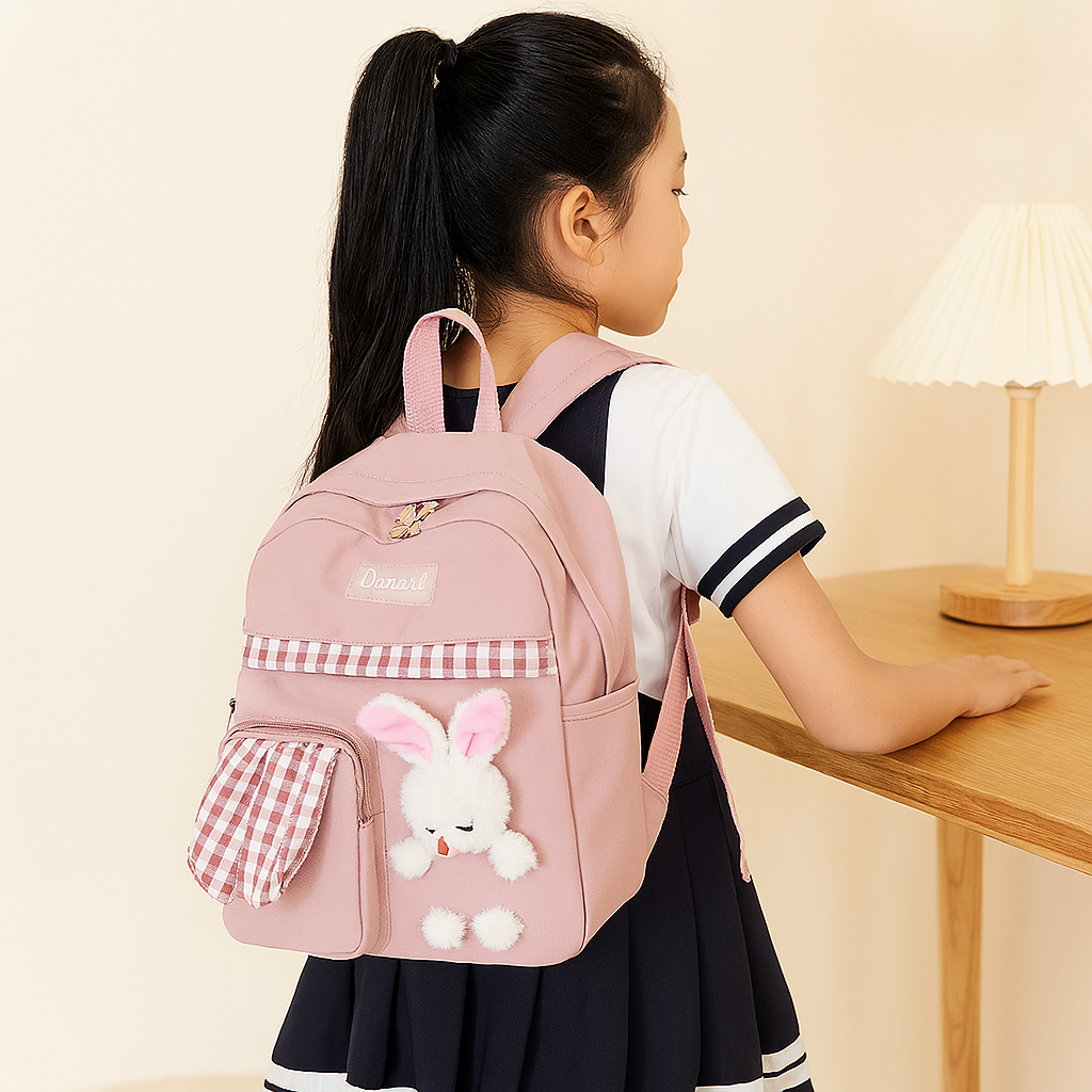 Søt tegneserie-mini-ryggsekk for jenter – sammenleggbar lett reiseveske med rosa kanin- og blå panda-design