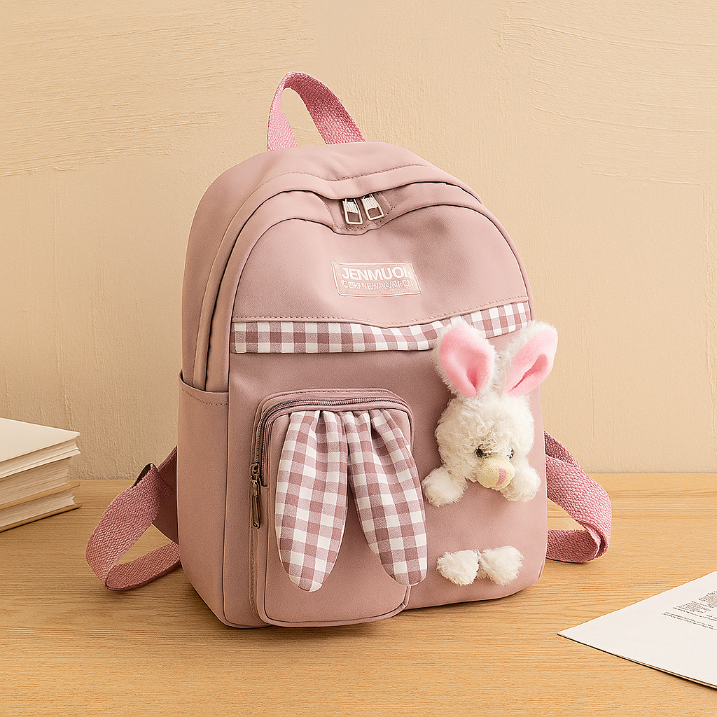 Søt tegneserie-mini-ryggsekk for jenter – sammenleggbar lett reiseveske med rosa kanin- og blå panda-design