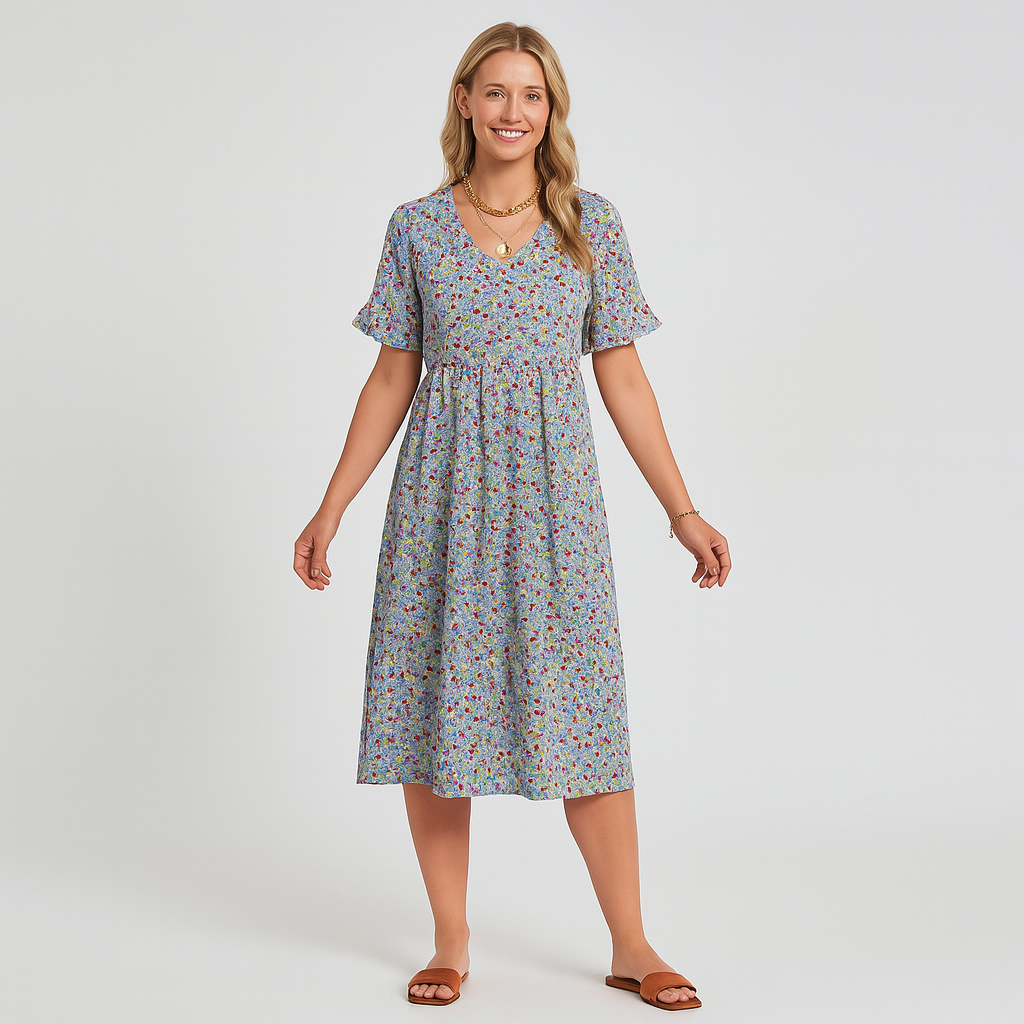 Midikjole – Feminin passform med rysjermer