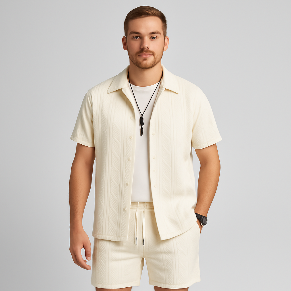 Herre 2-delt jacquardstrikksett – kortermet skjorte og shorts i ensfarget farge, premium casual antrekk