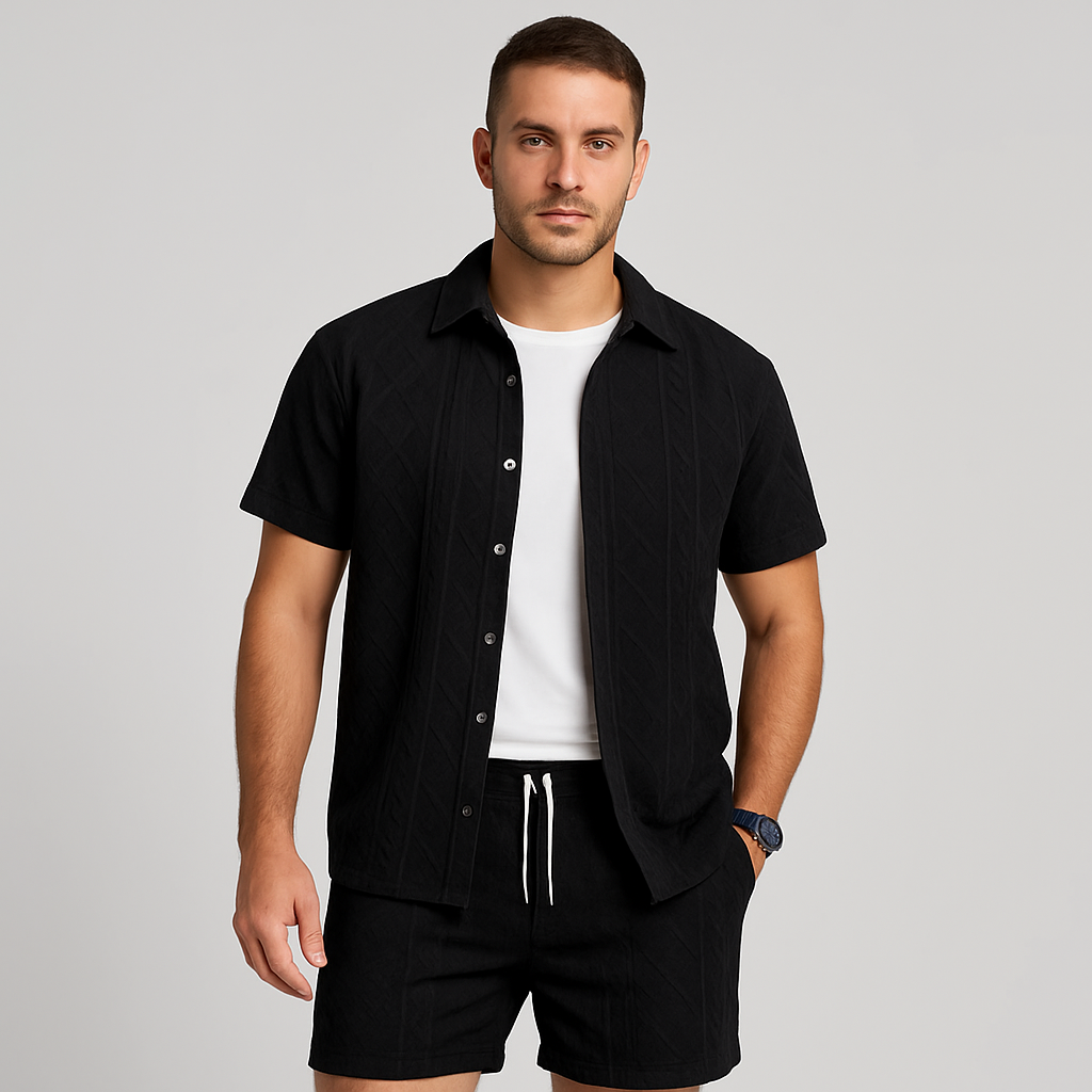 Herre 2-delt jacquardstrikksett – kortermet skjorte og shorts i ensfarget farge, premium casual antrekk