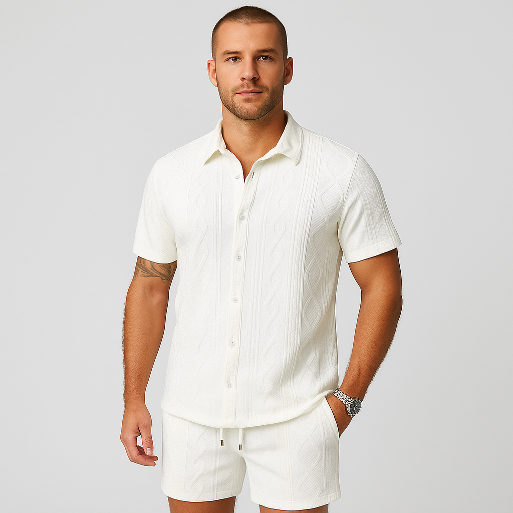 Herre 2-delt jacquardstrikksett – kortermet skjorte og shorts i ensfarget farge, premium casual antrekk