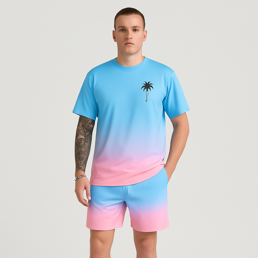 Herre sommersett for fritidsbruk – korte ermer, rund hals og shorts med 3D HD digitaltrykk