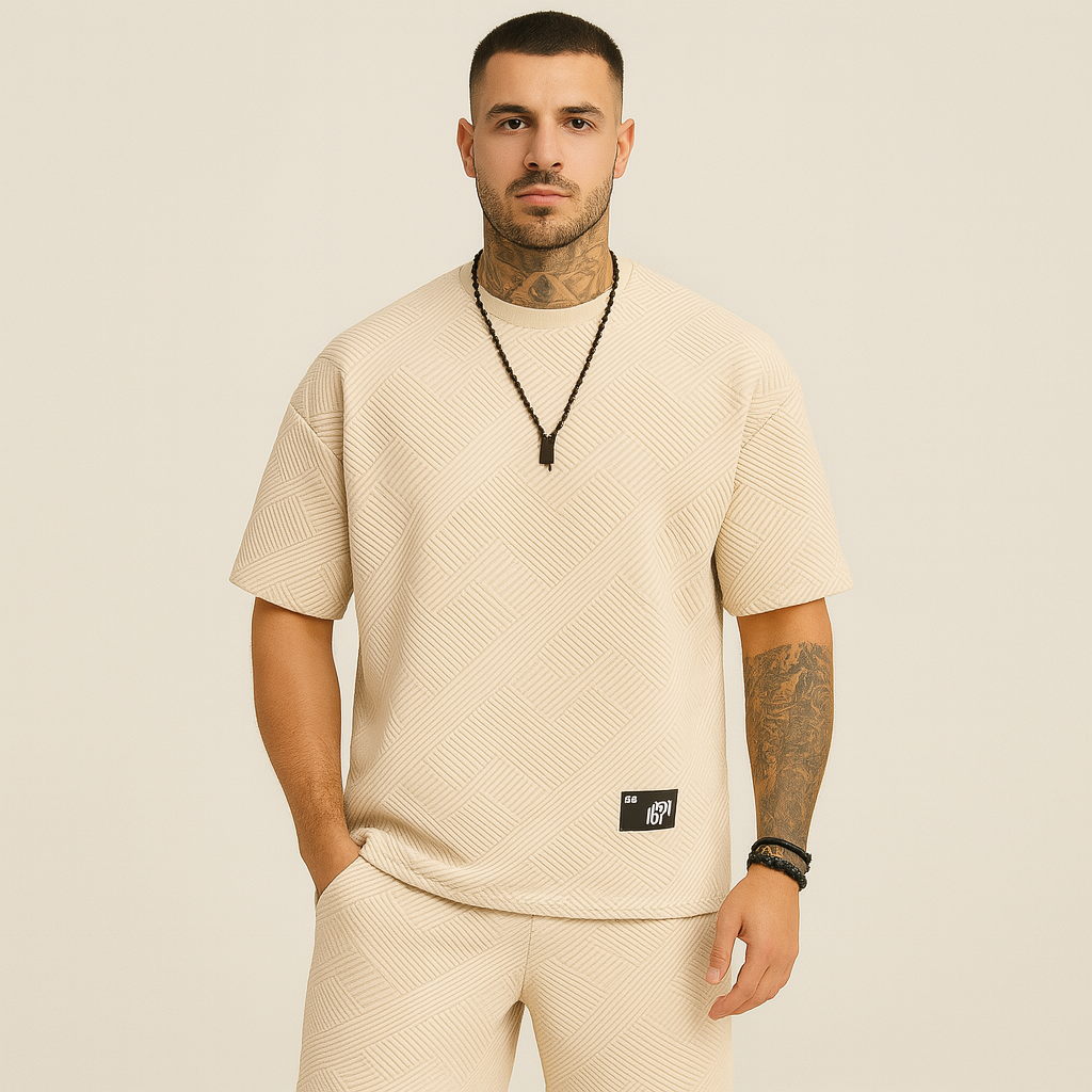 Herre 2-delt teksturert sett - Kortermet topp med rund hals og matchende jacquardshorts