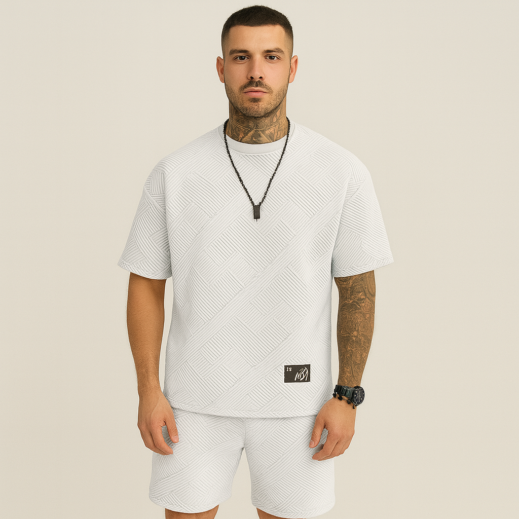 Herre 2-delt teksturert sett - Kortermet topp med rund hals og matchende jacquardshorts