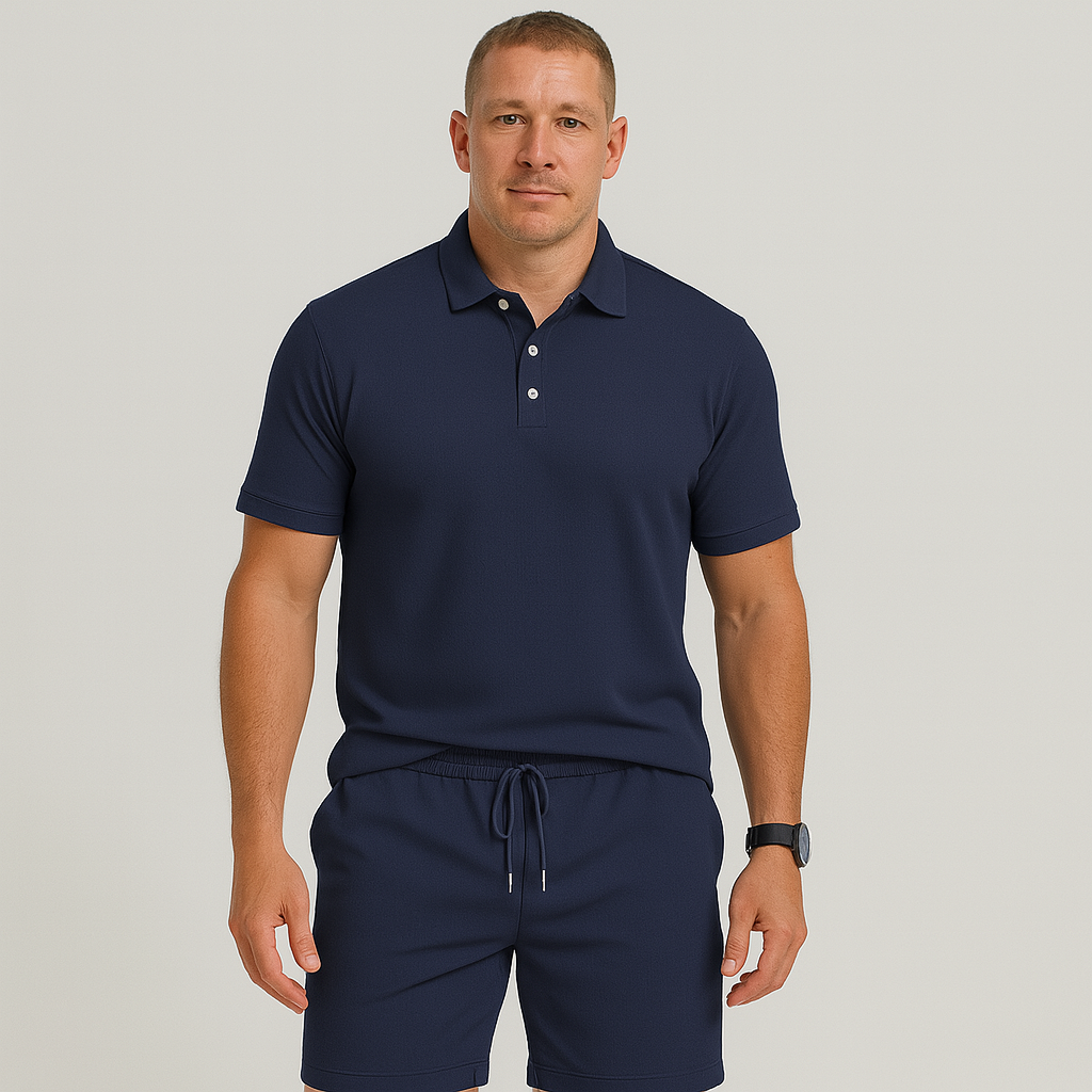 Herre sommersett for fritidsbruk – Lett topp med golfkrage og ensfargede shorts med lommer