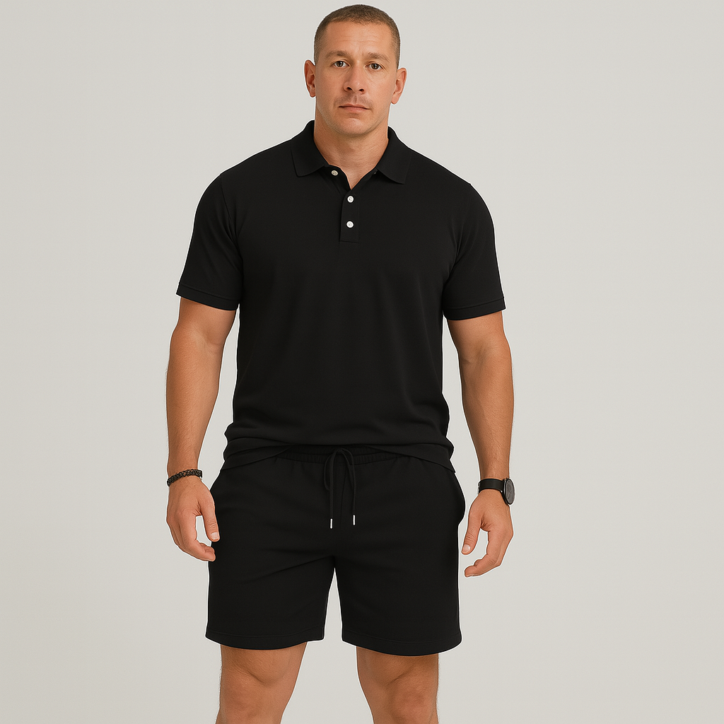 Herre sommersett for fritidsbruk – Lett topp med golfkrage og ensfargede shorts med lommer