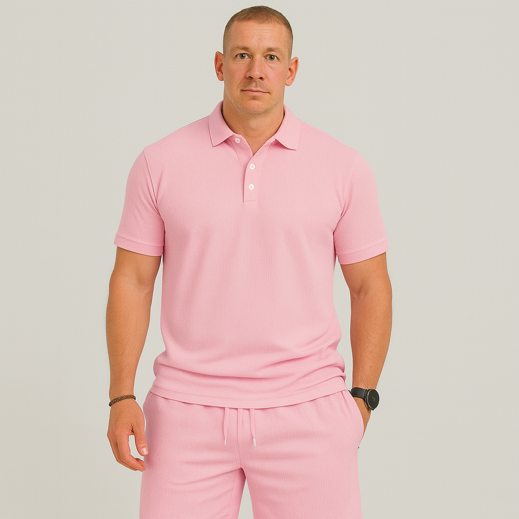 Herre sommersett for fritidsbruk – Lett topp med golfkrage og ensfargede shorts med lommer