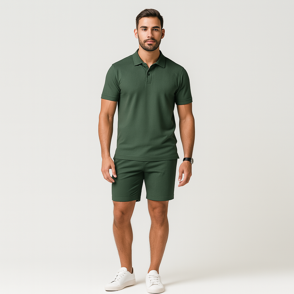 Herre 2-delt poloskjortesett – kortermet skjorte med krage og shorts med snøring i mørkegrønt