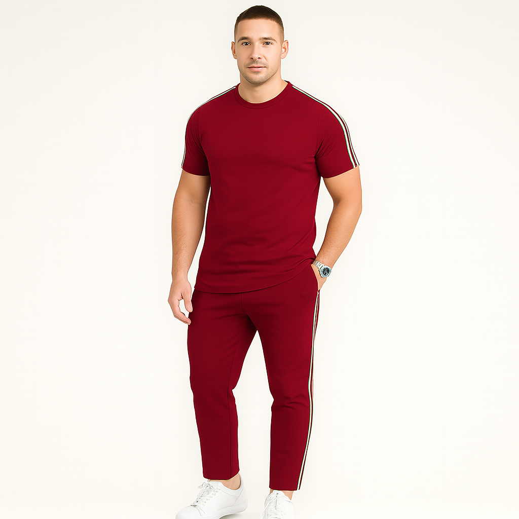 Herre retro streetwear-sett – løs passform t-skjorte med sidestriper og matchende bukser
