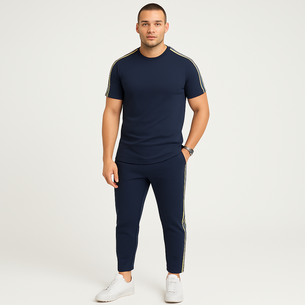 Herre retro streetwear-sett – løs passform t-skjorte med sidestriper og matchende bukser