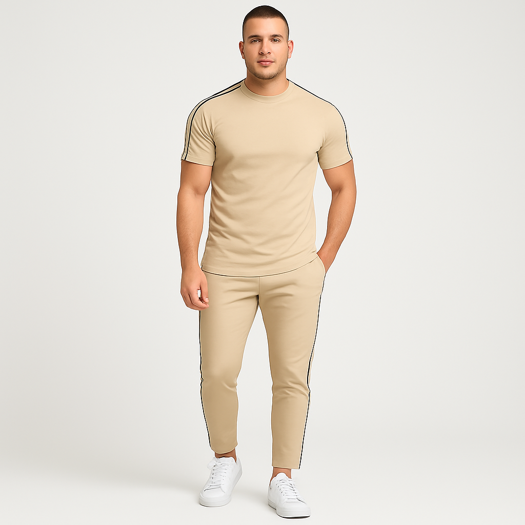 Herre retro streetwear-sett – løs passform t-skjorte med sidestriper og matchende bukser