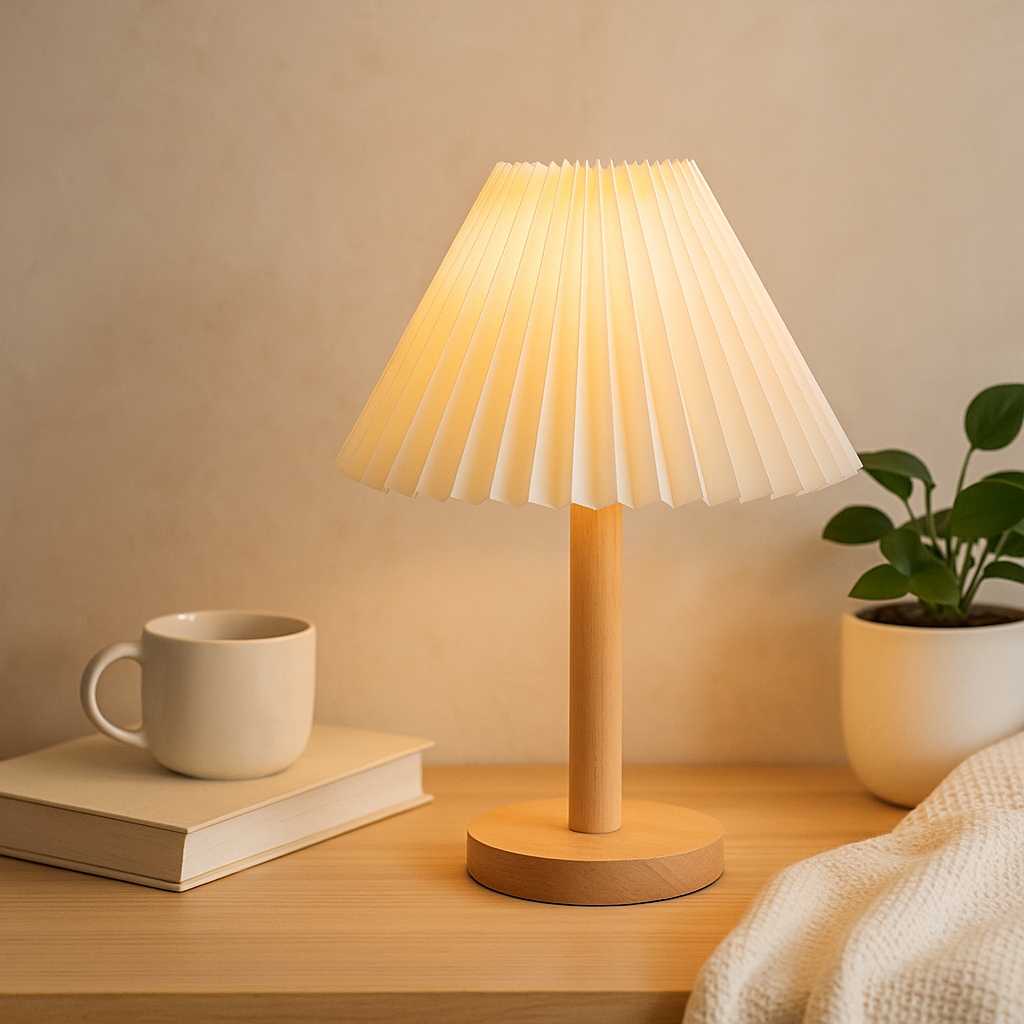 NordicEase plissert nattbordslampe – skandinavisk design med et naturlig preg