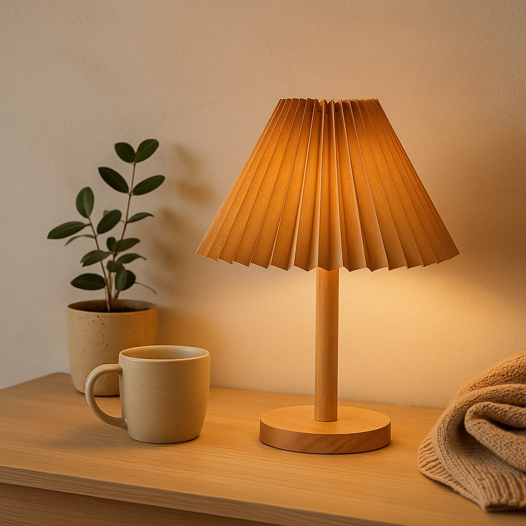 NordicEase plissert nattbordslampe – skandinavisk design med et naturlig preg