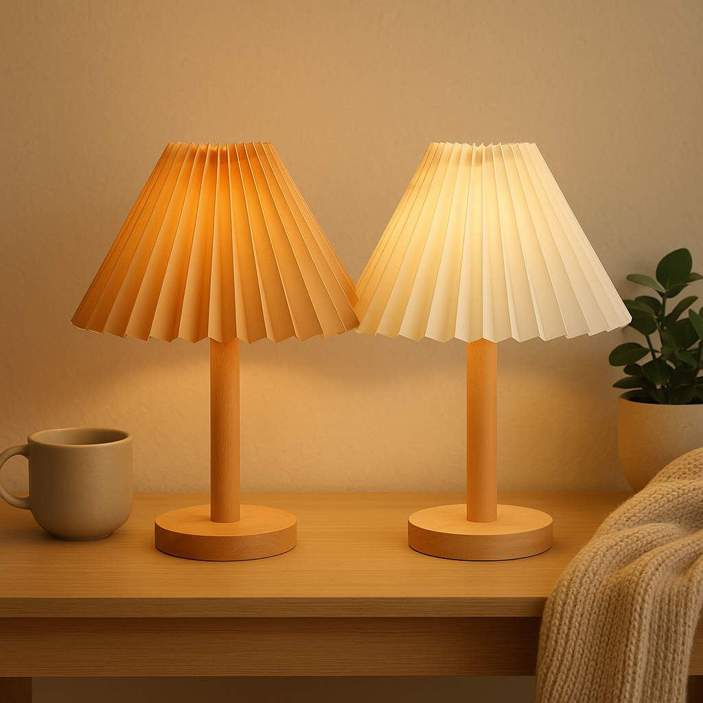 NordicEase plissert nattbordslampe – skandinavisk design med et naturlig preg