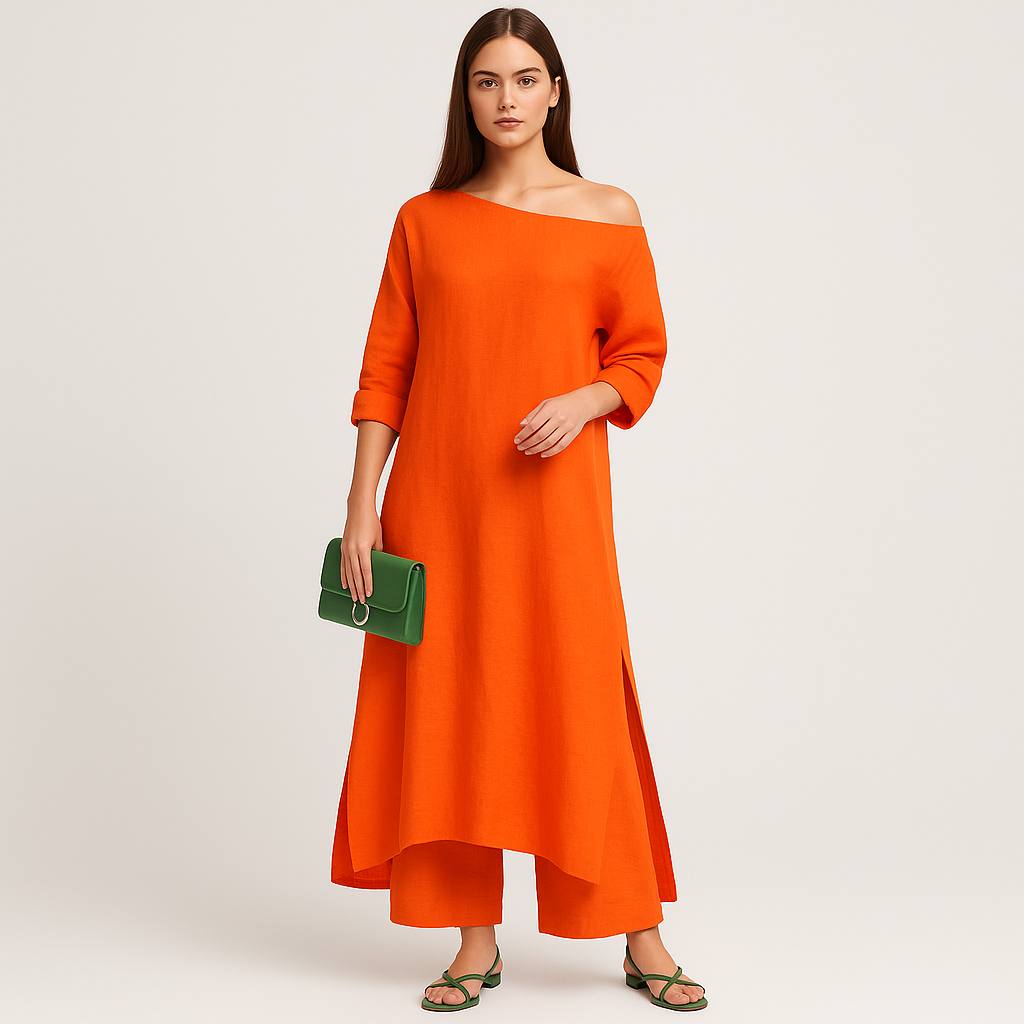 Aria - asymmetrisk bluse og vide bukser